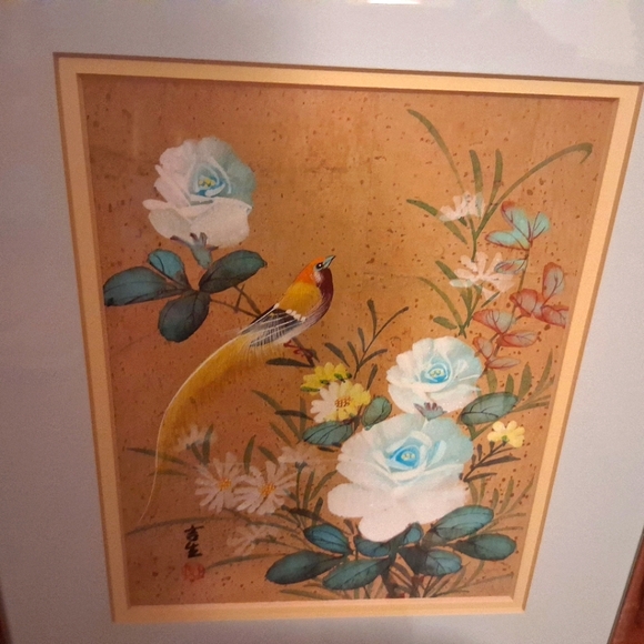 Other - Vintage Floral Bird Art Painting with Blue and Yellow Accents